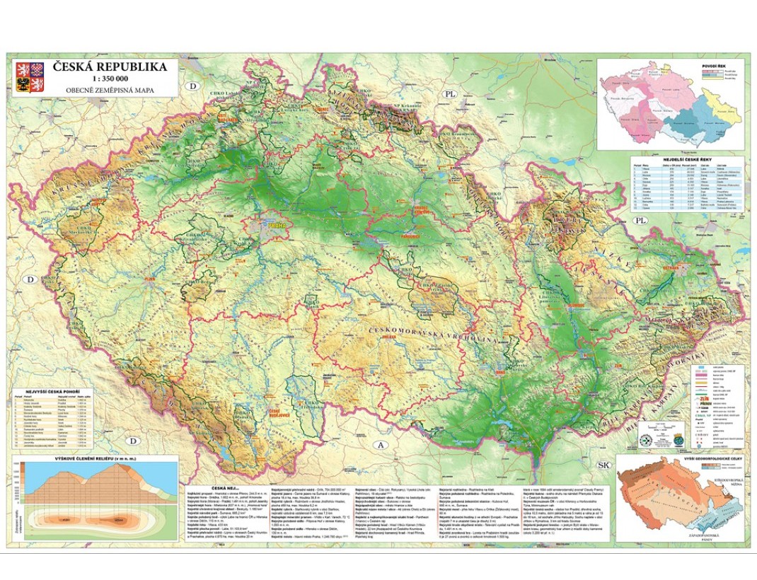 Nástěnná mapa ČR obecně zeměpisná